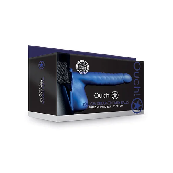 Shots Ouch 8" Ribbed Hollow Strap On W/balls