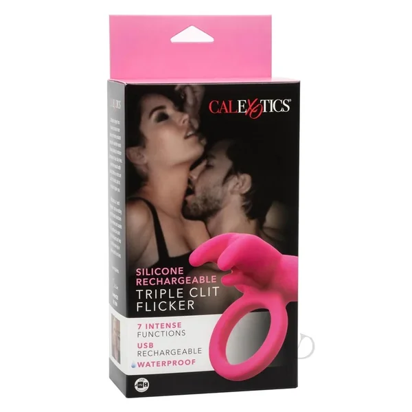 Silicone Triple Clit Flicker Clitoral Stimulator Vibrating Penis Ring – Pink