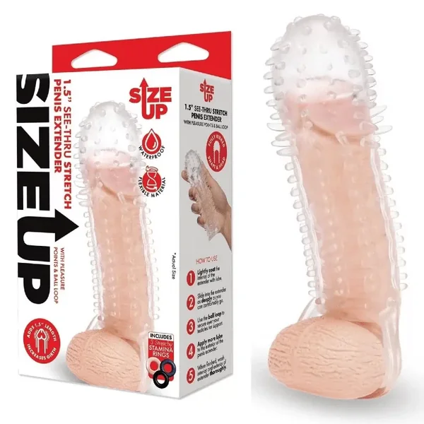 Size Up Textured Clear View Non Vibrating 1.5-inch Penis Sleeve Extender with Ball Loop
