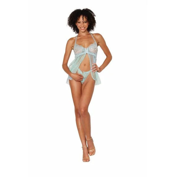 STRETCH LACE BABYDOLL SET W/ RUFFLE TRIM MINT O/S