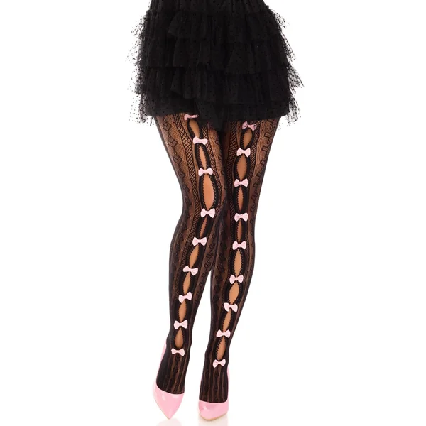 Sweetheart Striped Net Tights With Keyhole and Mini Bow Detail - One Size - Black