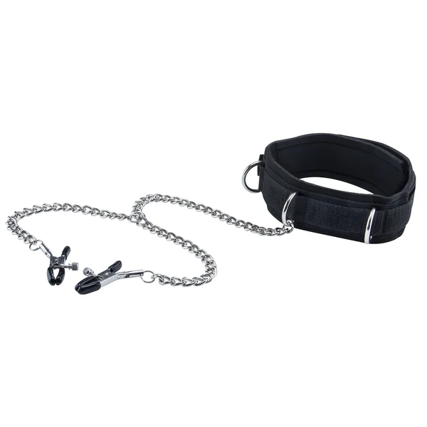 Velcro Collar With Nipple Clamps - Black