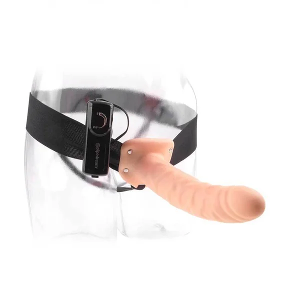 Vibrating Penis Extension Sleeve 8 Inch Hollow Tan Strap On Sheath