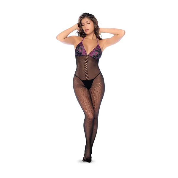 Whispered Lace Fishnet Bodystocking - Os - Black/purple
