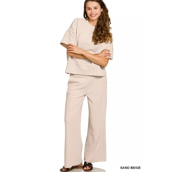 Zenana Ribbed Round Neck Tee & Pants Set